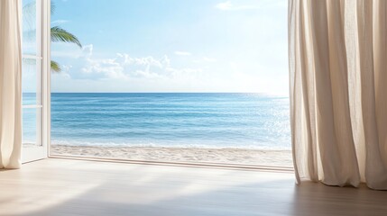 Fototapeta premium Bright beach view from open french doors, white curtains, clear blue sky, serene ocean waves, tropical paradise, resort interior, relaxation.