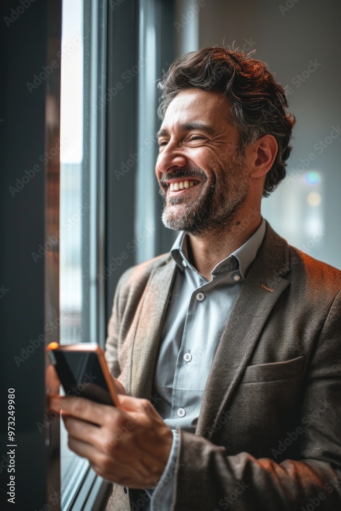 Poster a person smiling while looking at their mobile device