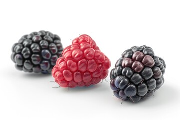 Three fresh raspberries sit side by side on a white background
