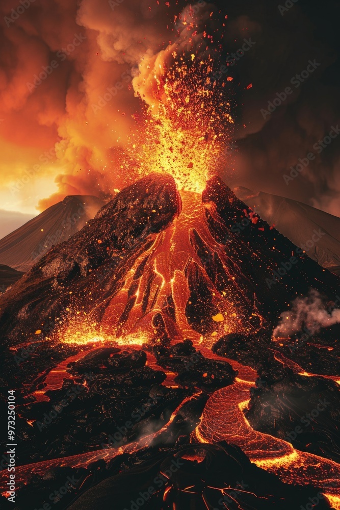 Poster a volcano erupting with molten lava flowing out, suitable for use in science or nature illustrations