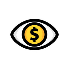 Coin dollar eye icon. Business, strategy, marketing, success concepts. Colored outline vector design isolated illustration.