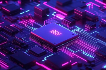 Futuristic Isometric Tech Background with GPU Chip in 80s Retro Style