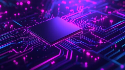 Fototapeta premium Futuristic 3D Rendered Blue and Purple Tech Background with GPU Chip in Minimalistic 80s Retro Style
