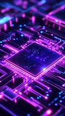 Obraz premium Futuristic 80s Retro Tech Background with Minimalistic 3D GPU Chip in Blue and Purple Tones
