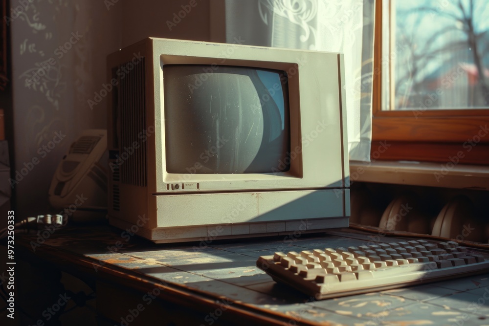 Aufkleber A small television sits atop a wooden table with a rustic design