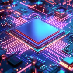 Obraz premium Hyper-detailed 3D rendering of a GPU chip on an abstract blue and purple tech background with glowing lines, in a minimalistic 80s retro style, high contrast and super realistic