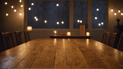 A wooden table with blurry lights in the background image for product display.