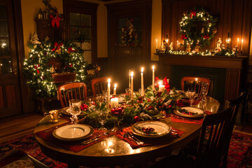 Decorated dining room for Christmas with a festive candlelit table, wreaths and glowing lights