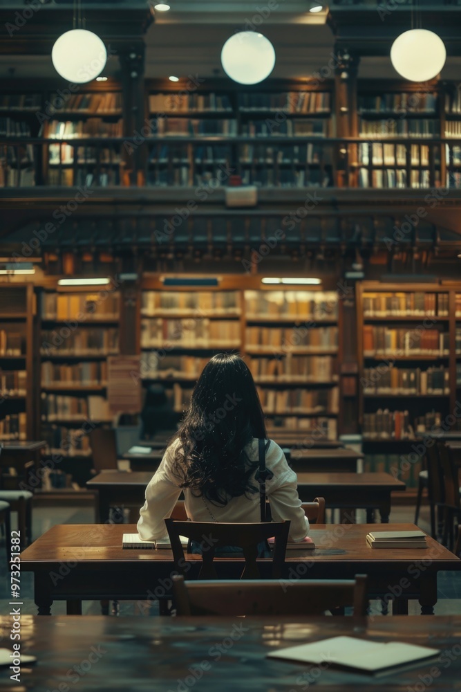 Poster a person sitting at a table in a quiet library, ideal for studying or reading