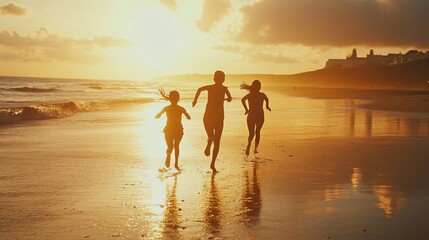 Three girls run on the beach at sunset with their silhouettes reflected in the water.