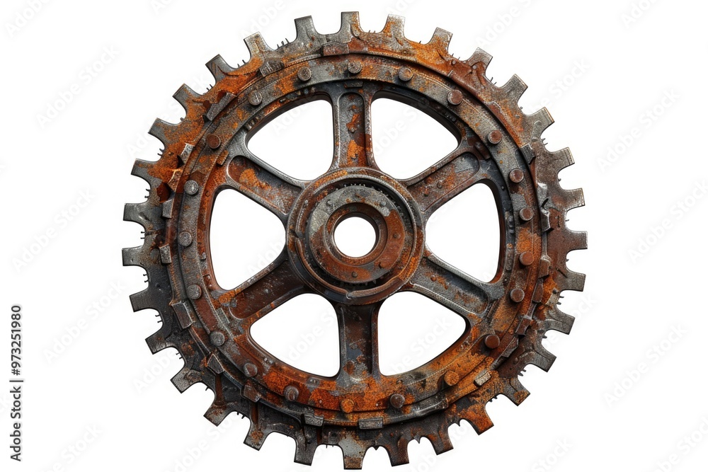 Poster a close-up of a rusty gear wheel on a white background, suitable for use in industrial or mechanical