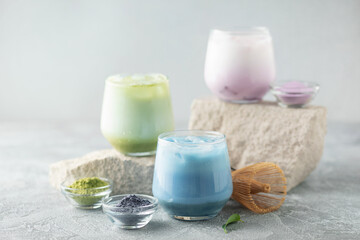 Different Healthy vegan drink Matcha  Latte in glasses