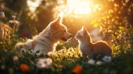 Golden Hour Friendship: Dog and Cat in a Garden