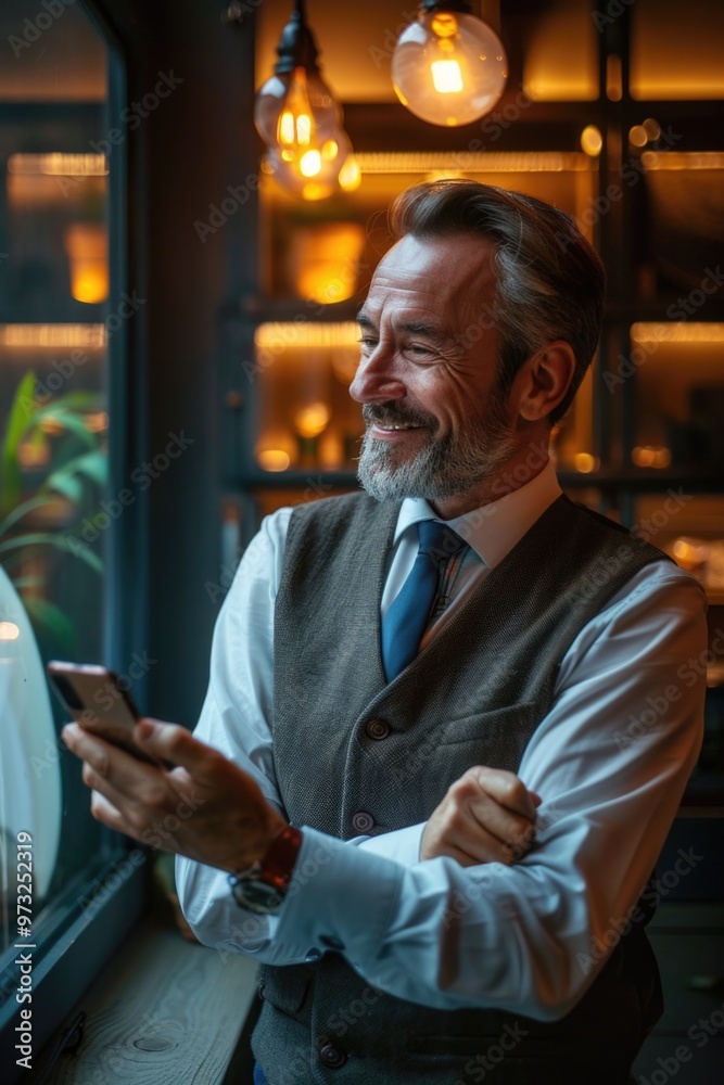 Aufkleber man in suit looking at smartphone, possibly checking messages or emails