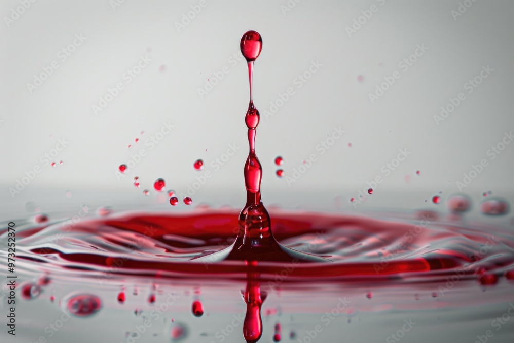 Poster a single drop of red liquid falls into the water, creating ripples and distortion