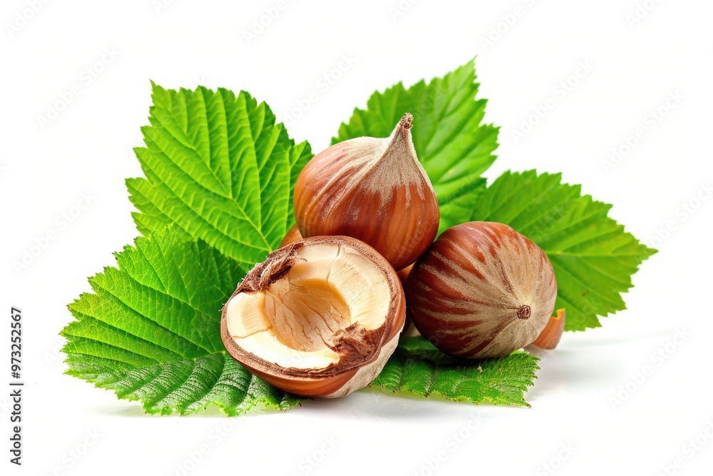 Poster a collection of nuts and leaves on a white background