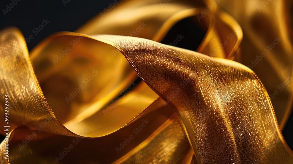 Poster a close-up shot of a gold ribbon against a black background, ideal for use in designs requiring subt