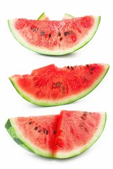 Fresh watermelon slices arranged on a clean white surface, ready for use or display