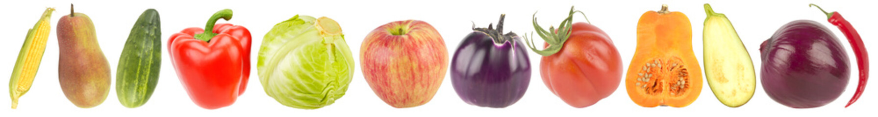 Fresh juicy fruits and vegetables useful for healthy diet isolated on white