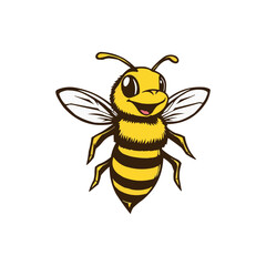 Happy Bee mascot logo. Honey bee editable vector logo. Hand drawn engraving style illustrations.