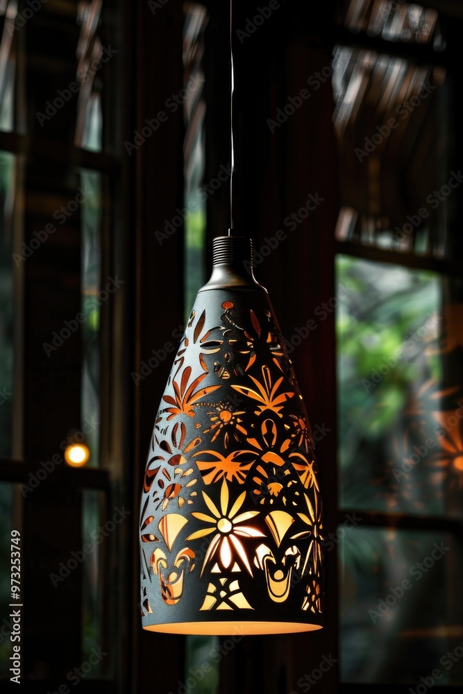 Poster Light fixture hangs from the ceiling in front of a window