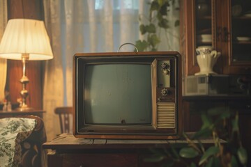 An old television set sits atop a worn wooden table, with a rustic charm