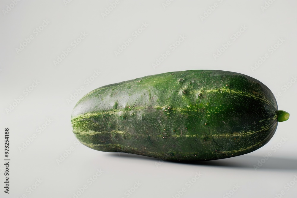 Poster a single green cucumber resting on a clean white surface, great for food photography or as a prop in