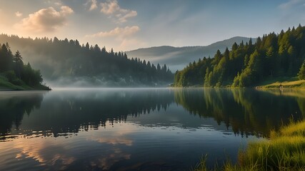 Fototapeta premium Misty morning scene of Lacu Rosu lake. Foggy summer sunrise in Harghita County, Romania, Europe. Beauty of nature concept background Generative AI