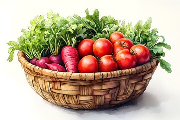 A basket overflowing with fresh garden vegetables on a white background.