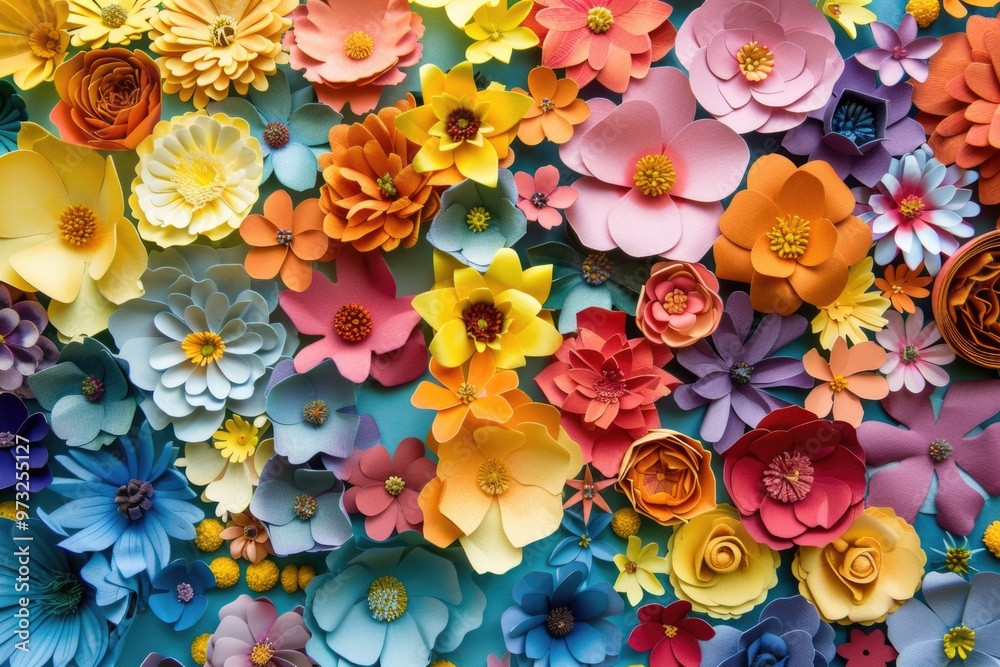 Poster paper flowers adorn a wall, adding a pop of color and whimsy