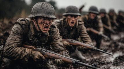 A group of soldiers are lined up in the mud, with their guns ready
