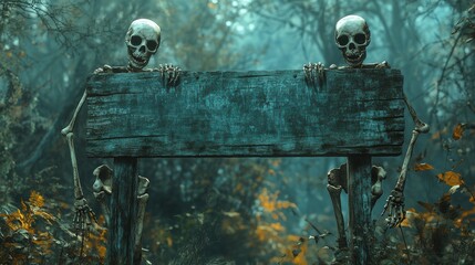 Two skeletons are holding a sign copy space