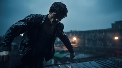 Fototapeta premium Action shot with man fighting on the roof. Dynamic martial arts scene in action movie blockbuster style.
