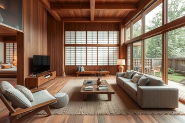 Fototapeta premium Japandi 3D Illustration of Minimalist Scandinavian Interior Design - Modern Boho Living Room with Wooden Furniture, Stylish Sofa, and Natural Decor.