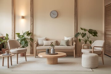 Japandi 3D Illustration of Minimalist Scandinavian Interior Design - Modern Boho Living Room with Wooden Furniture, Stylish Sofa, and Natural Decor.