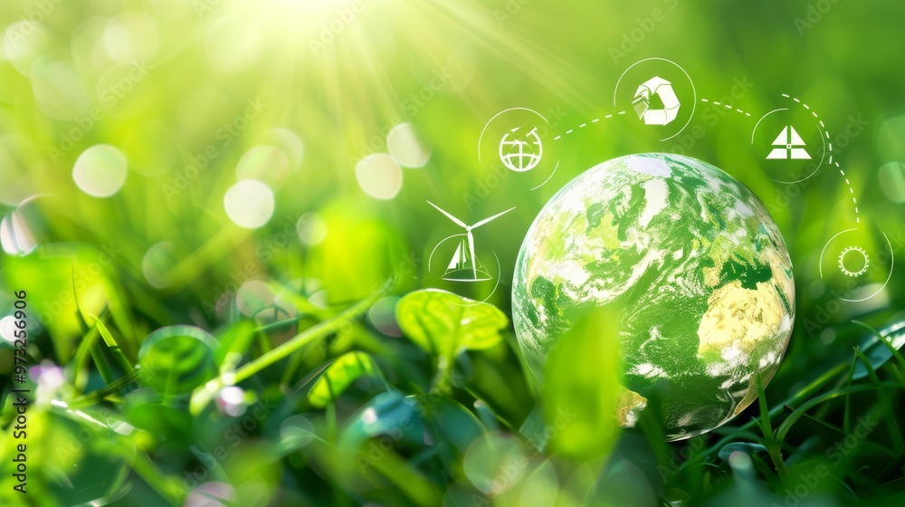 Poster earth with various symbols representing sustainable energy sources like solar panels and wind turbin