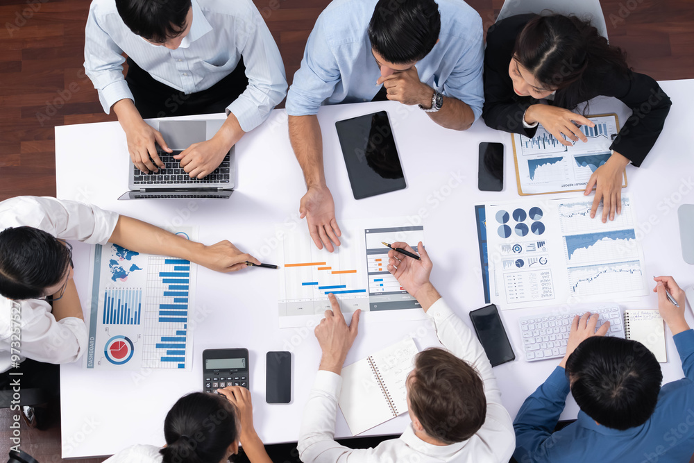 Aufkleber Top view project manager communicate and collaborate with team using project management software, tracking progress of project task and making schedule plan at meeting table. Prudent