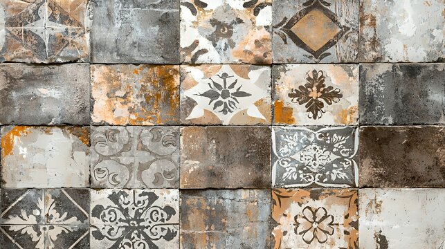 Vintage tile wall with floral patterns in different colors.