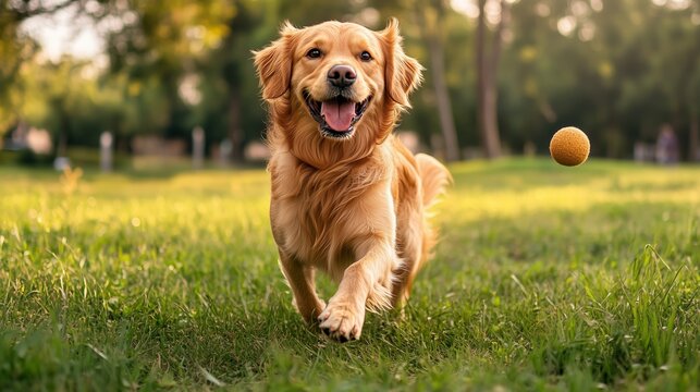 A playful golden retriever joyfully running after a tennis ball in a sunny park on a vibrant summer afternoon
