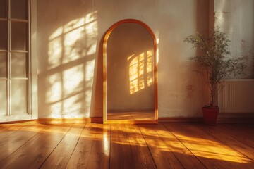 Fototapeta premium banner conveys warm, inviting space with golden sunlight reflecting off arch mirror onto hardwood floor