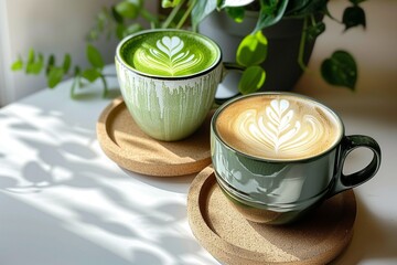 A cup of latte and matcha latte on a white table