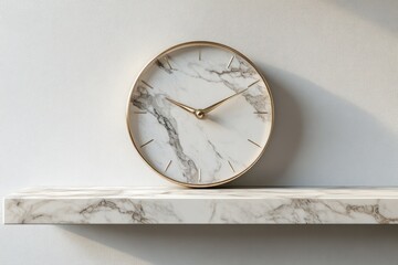 marble clock on shelf against white wall elegant decor concept banner with marble accessories