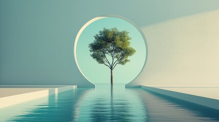 Minimalist modern architecture with a tree seen through a circular window. The floor is a pool of rippling water.