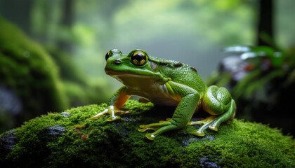 Obraz premium close up photo of a green frog on a mossy rock