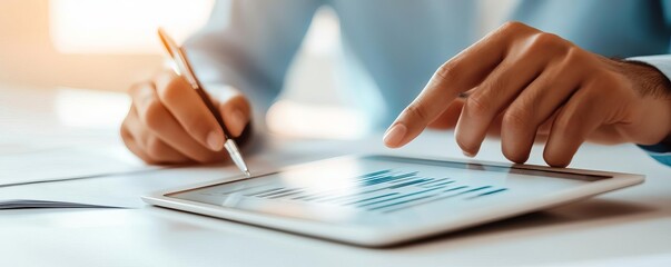 Obraz premium Financial consultant pointing to investment terms on a digital tablet, negotiation terms, financial negotiation