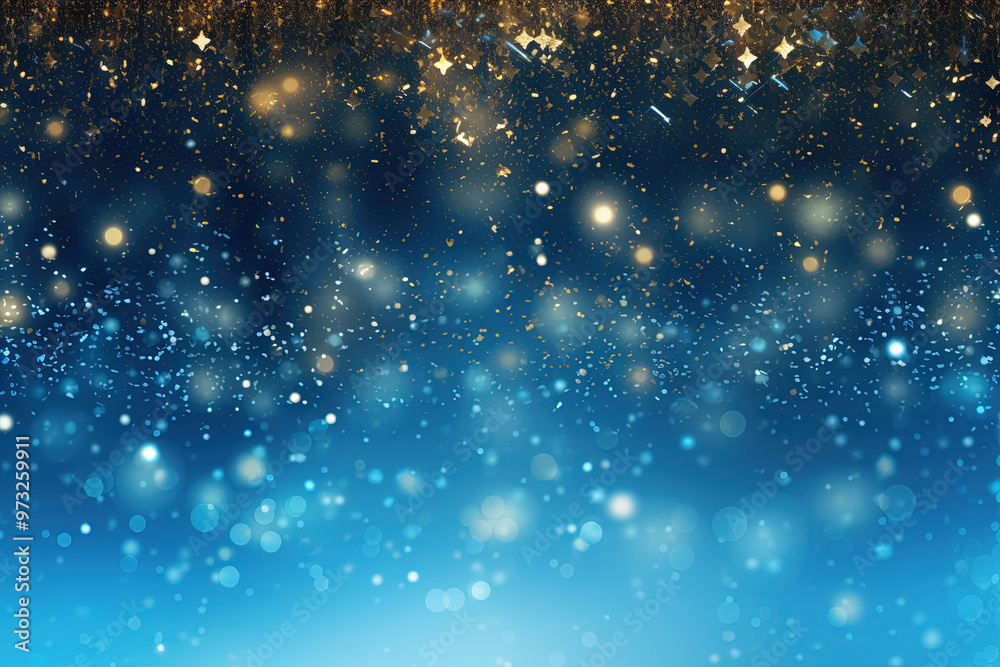 Poster Blue background with silver and gold snowflake particles and blurred bokeh sparkles
