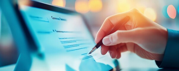 Hands adjusting a digital contract on a touch screen, negotiation terms, modern negotiation tools