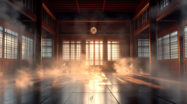  traditional Japanese-style dojo or karate school, featuring a hazy atmosphere in the air. 3d 