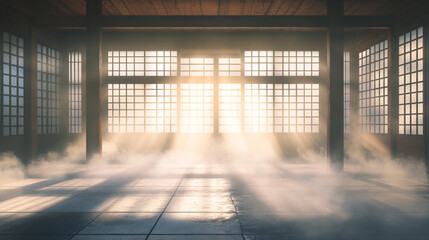  traditional Japanese-style dojo or karate school, featuring a hazy atmosphere in the air. 3d 