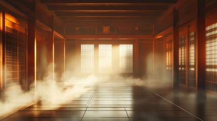  traditional Japanese-style dojo or karate school, featuring a hazy atmosphere in the air. 3d 